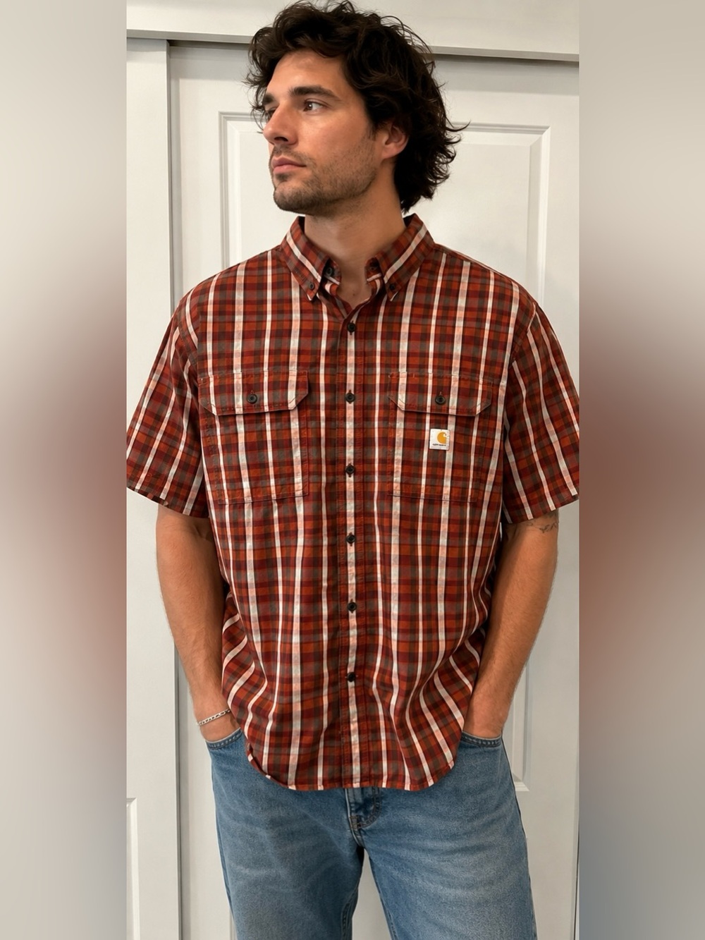 Carhartt Short-Sleeve Plaid Button-Down Shirt in Red and White